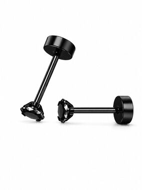Black CZ Flat Back Stud Earrings 20G 3mm Stainless Steel